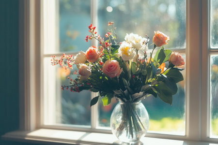 A colorful assortment of roses and subtle foliage fills a vase, catching golden sunlight streaming through a window.の素材