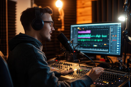 A focused podcaster speaks into a microphone while managing sound levels and editing software in a well-equipped studio.の素材