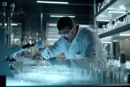 A scientist in a lab coat and protective gear meticulously examines samples and test tubes in a well-lit laboratory.の素材