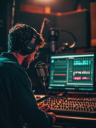 The podcaster focuses intently while adjusting settings on the console, creating engaging audio content in a vibrant studio.の素材