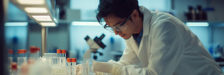 A dedicated scientist carefully manipulates test tubes and samples, wearing a lab coat, gloves, and protective eyewear in a research setting.の素材