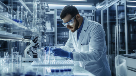 A scientist wearing a lab coat and protective gear is meticulously working with test tubes and samples in a state-of-the-art laboratory.の素材