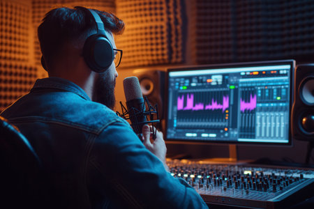 The podcaster passionately speaks into a microphone while adjusting audio settings in a well-equipped studio environment.の素材