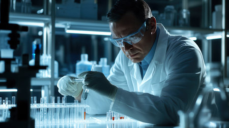A scientist wears protective glasses and gloves while meticulously working with test tubes and samples in a well-equipped lab.の素材