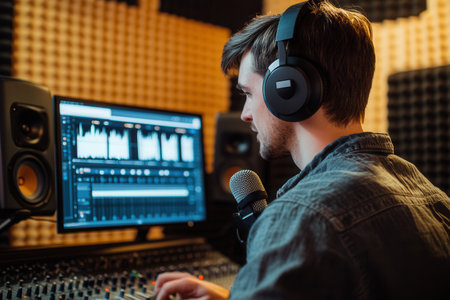 The podcaster is actively speaking into a microphone while working on audio editing at his workstation.の素材