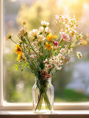 Colorful wildflowers are arranged in a glass jar on a bright windowsill, illuminated by gentle afternoon sunlight.の素材