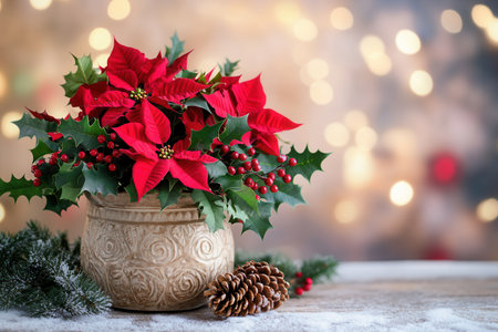 A vibrant bouquet bright features red poinsettias, green holly, and natural pinecones, perfect for holiday decor and celebrations.の素材