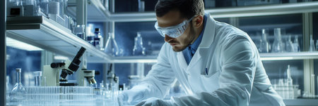 A scientist in a lab coat and goggles meticulously handles test tubes and samples, engaged in detailed experimental analysis in a lab setting.の素材