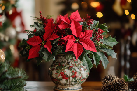 This cheerful bouquet showcases vibrant poinsettias, holly, and pinecones arranged beautifully in an ornate vase, perfect for festive decor.の素材