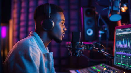 A skilled podcaster engages the audience while recording in a modern studio, surrounded by advanced audio equipment and colorful lighting.の素材