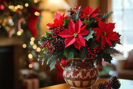 A vibrant bouquet filled with red poinsettias, holly, and pinecones brightens up a cozy holiday setting, adding cheerful seasonal decor.の素材