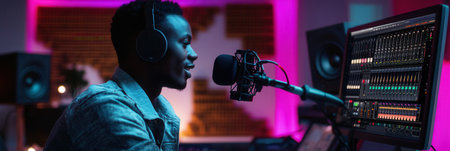 A podcaster shares insights with listeners, surrounded by audio equipment and colorful lighting in a contemporary studio setup.の素材