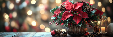 This vibrant bouquet showcases red poinsettias, lush holly, and rustic pinecones, enhancing the festive atmosphere of the season.の素材