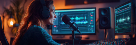 A podcaster shares her thoughts, immersed in a vibrant studio with advanced equipment, capturing the essence of her program.の素材