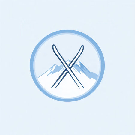 A logo design featuring two crossed skis set against stylized snowy mountains, ideal for winter sports branding and promotion.の素材