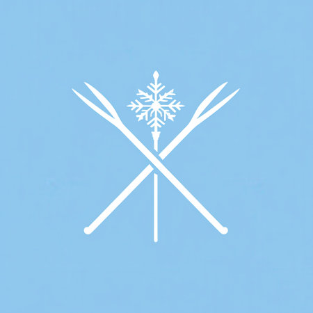 This logo showcases a snowflake and crossed ski poles, representing winter sports and the joy of skiing in snowy locations during winter.の素材