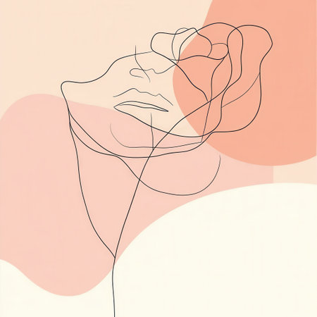 A delicate drawing merges the outline of a woman's face with the graceful curves of a rose petal, symbolizing beauty and nature.の素材