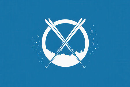 The design features a pair of crossed skis symbolizing the excitement of skiing and winter sports in a mountain setting.の素材