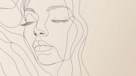 An ethereal composition features flowing lines that elegantly define the outline of a female face, radiating softness and beauty.の素材