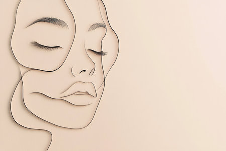 Flowing lines elegantly form the contours of a tranquil female face, highlighting serenity and simplicity against a muted background.の素材