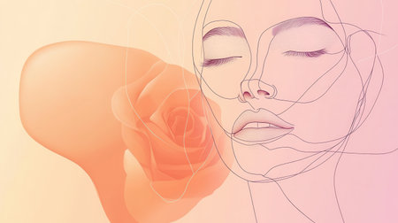 The artwork features a delicate line drawing where a rose petal flows into the gentle outline of a woman's face, both interwoven beautifully.の素材