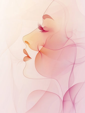 A graceful depiction combines the essence of a rose petal with a woman's face, showing casing flowing lines in gentle pastel shades.の素材