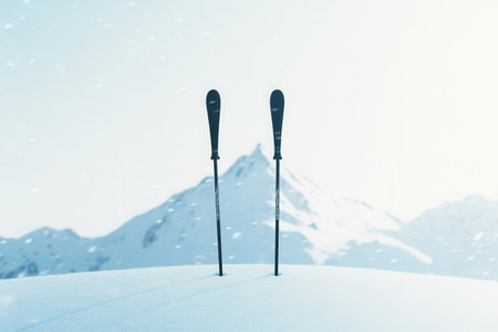 In a tranquil winter landscape, two ski poles are planted in the snow against a backdrop of majestic mountains, inviting outdoor enthusiasts.の素材