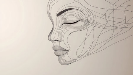 A flowing, abstract representation forms the outline of a female face, emphasizing artistic lines and contours in a minimalist design.の素材