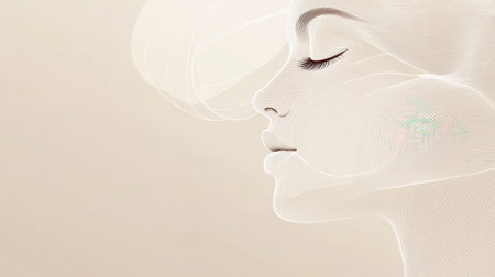 An elegant representation of a female face outlined by flowing abstract lines, set against a soothing neutral backdrop.の素材