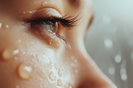 A woman's eye glistens with water droplets, reflecting soft light and conveying deep emotion, set against a blurred background.の素材