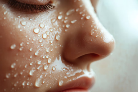 Water droplets adorn a serene face, highlighting youthful skin against a blurred background, creating an intimate and refreshing atmosphere.の素材