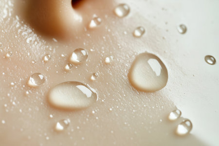 Droplets of water form on a smooth surface, emphasizing the hydration effect during a skin treatment at a wellness center.の素材