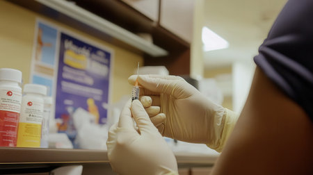 A healthcare worker wearing gloves prepares a syringe with a vaccine at a medical clinic in a sterile setting.の素材