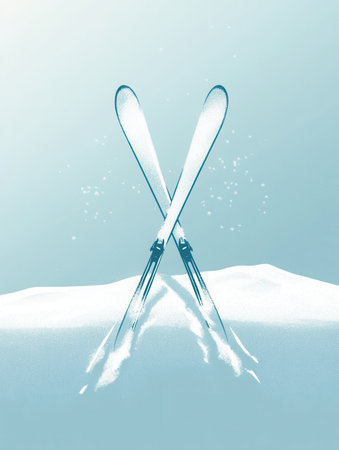 Crossed skis rest on a soft blanket of snow, symbolizing the thrill of winter sports and the beauty of mountain landscapes.の素材