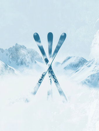 Crossed skis stand out in a beautiful winter landscape, surrounded by snowy mountains and a soft, serene atmosphere.の素材