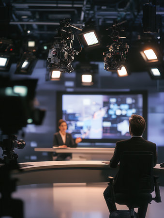 Two news anchors engage in lively discourse on current events in a high-tech television studio filled with bright lighting.の素材