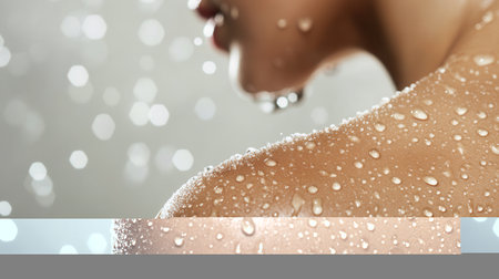 A shoulder adorned with sparkling water droplets reflects a calm atmosphere, showing natural beauty and freshness.の素材