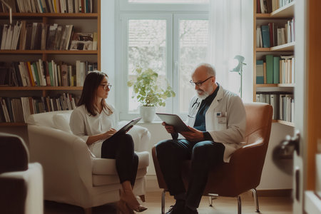 A doctor and patient engage in a conversation about medical diagnosis in a well-lit consultation room with bookshelves.の素材