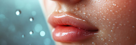 A close-up view highlights the woman's moist lips adorned with raindrops, evoking a sense of refreshment and allure.の素材