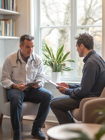 A healthcare professional reviews test results with a patient in a welcoming consultation space filled with natural light.の素材