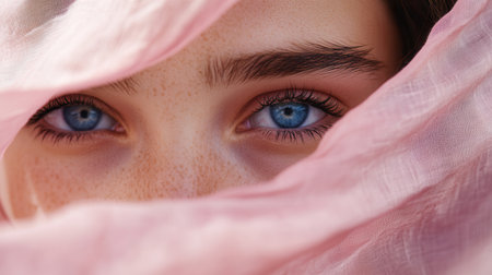 A girl gazes thoughtfully through delicate pink fabric, her striking blue eyes reflecting a moment of quiet beauty at dusk.の素材