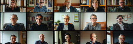 A diverse group of professionals are engaged in an online conference call, sharing insights and expertise from their respective fields.の素材