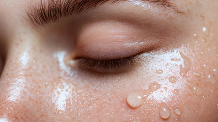 A woman's face glistens with a skincare product, showing healthy skin and the effects of hydration in gentle lighting.の素材