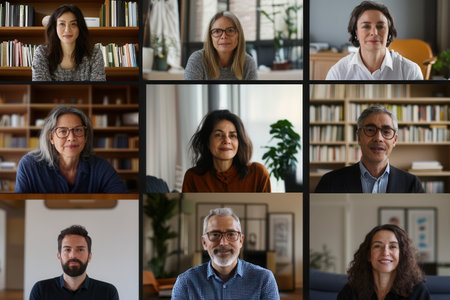 A group of nine individuals engaged in a virtual meeting, sharing ideas while seated in various home office settings with books and plants.の素材