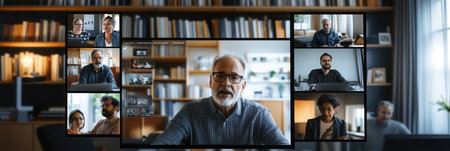 A diverse group shares ideas in an online chat, cozy lighting creating a warm atmosphere from their homes.の素材