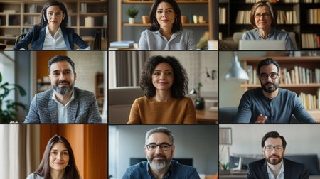Nine professionals participate in a video call, showing diverse expressions and backgrounds within a well-lit workspace.の素材