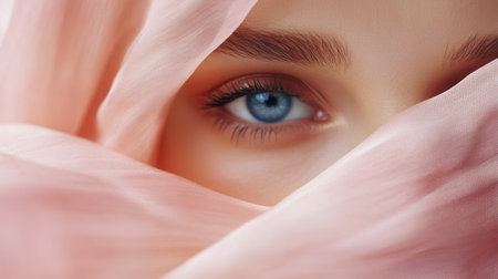 A beautiful woman gazes through a sheer pink fabric, her captivating blue eye drawing attention in a calm, serene setting.の素材