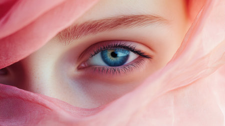 A striking blue eye peeks through gentle pink fabric, highlighting the delicate features and inviting curiosity about the person.の素材