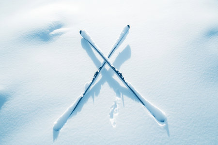 Two skis are crossed on a fresh blanket of snow, set against a peaceful winter landscape, highlighting a perfect skiing experience.の素材
