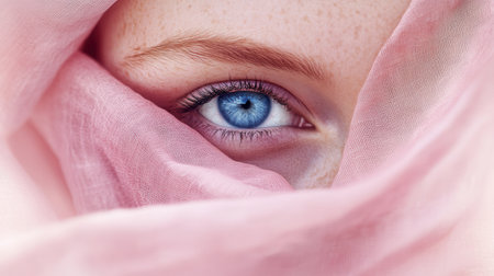A young woman with captivating blue eyes gazes sharply while partially covered by delicate pink fabric, creating an enchanting look.の素材